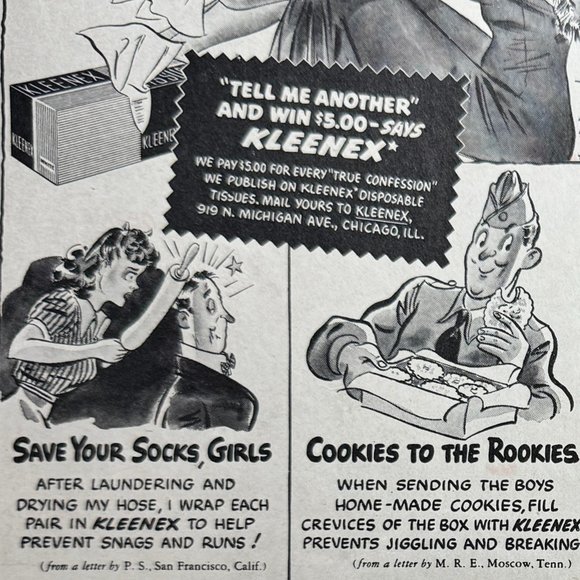 Vintage Kleenex Ad (1942): Uses for Kleenex - Comics, Cartoons, Drawings, B&W - Picture 2 of 2
